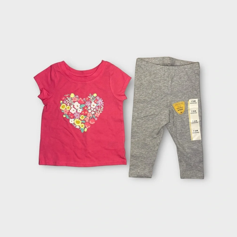 Cat & Jack Heart Floral Graphic Pink Top & Gray Durable Knee Leggings Bundle